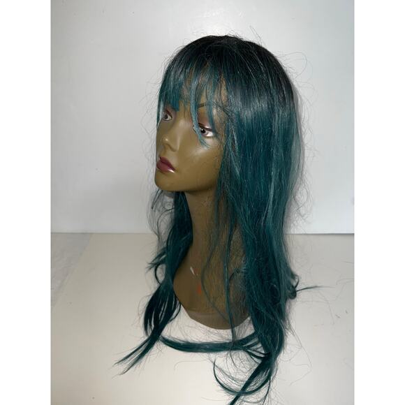 Long Ombre Straight Free Parting Synthetic Wig Two Tone Mix teal Green black NWT - Picture 5 of 12